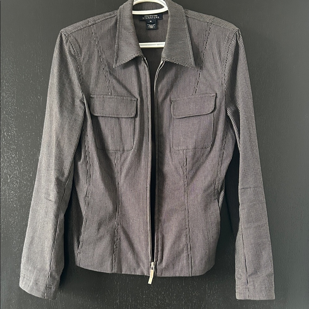 Jones New York Black Pinstripe Utility Zip Jacket